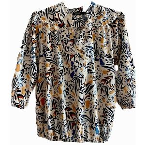 CURE Top M Multicolored Abstract  3/4 SL cotton Pom Pom Trim Going Out Casual